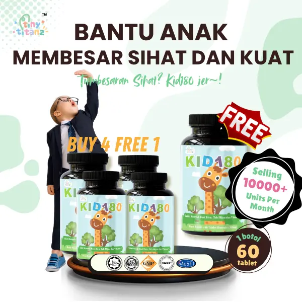 Kid180 - {Vitamin Ketinggian Kanak-Kanak} 60Tablets x5-Botol (Set Super Jimat) {Chewable Tablets} Perisa Beri Campuran {Vitamin K2 MenaQ7} Paten Bahan Dari Perancis - Tiny Titanz