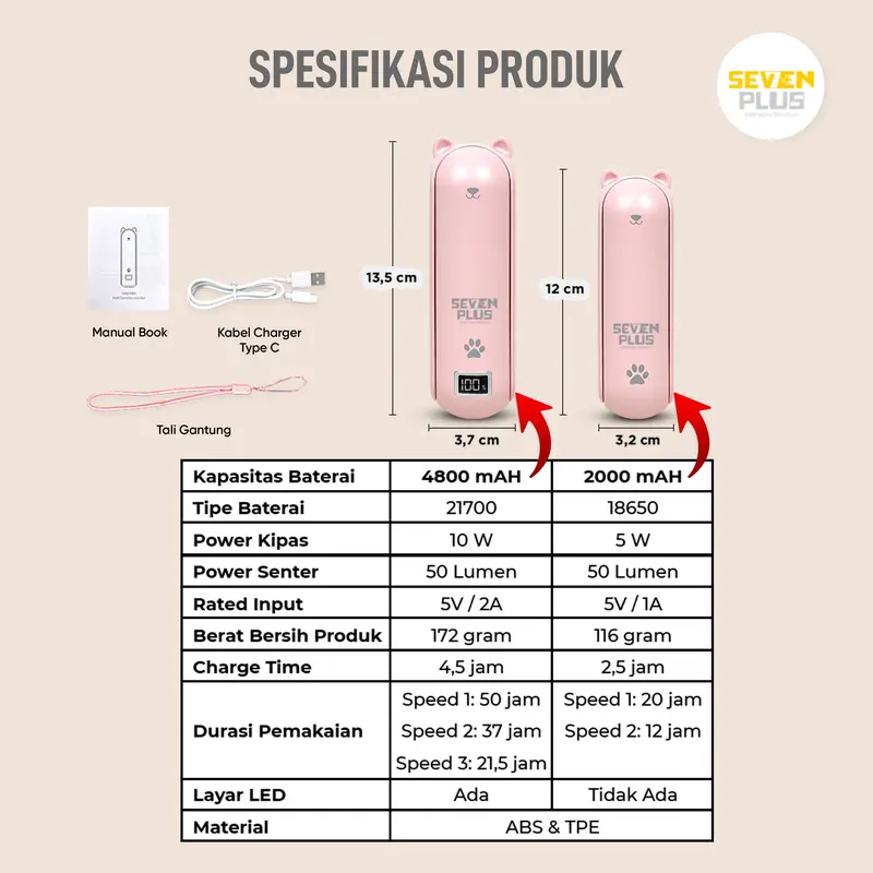 Seven Plus Kipas Angin Mini Portable Original 4800mAh Layar LED Multifungsi 4 in 1 kipas angin kecil portable fan mini pocket fan kipas angin lipat kipas angin meja kipas angin super mini premium berkualitas kipas angin tahan lama rechargeable fan 6