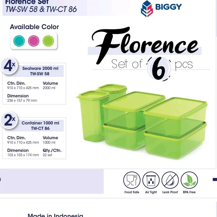 Florence Set isi 6 Toples Serbaguna Wadah Kulkas Tempat Cemilan Biggy Home 5