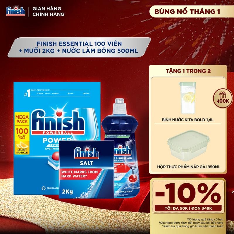  Combo Finish tiện lợi 2: Hộp 100 Viên Rửa Bát Essential + Nước Làm Bóng Finish 500ml + Muối Rửa Chén Finish Salt túi 2kg 