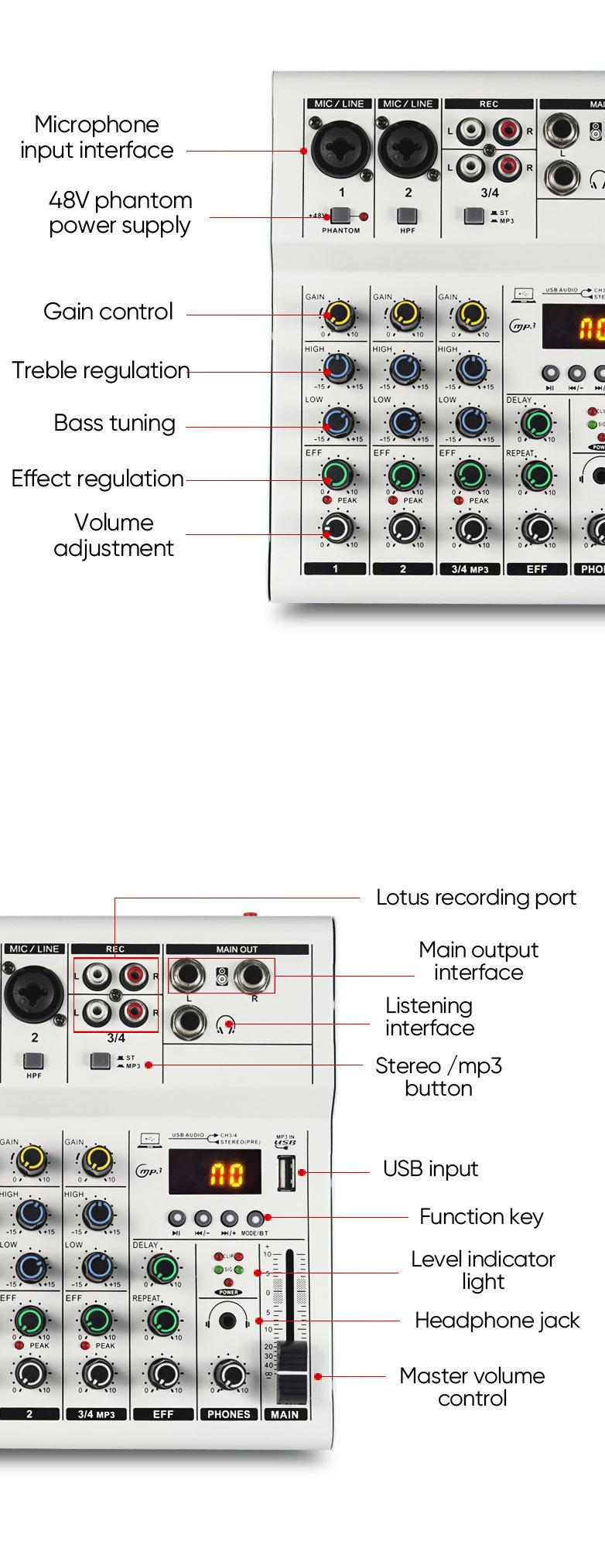 Product Introduction of LX01 4 kênh, chuyên nghiệp, nhỏ, bluetooth, máy trộn, với hiệu ứng âm vang, sử dụng tại nhà, karaoke, sân khấu, biểu diễn, đám cưới, hội nghị, bộ khuếch đại Mixer 16