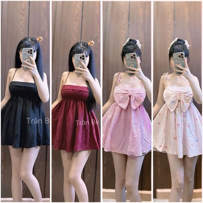 Trân Bé Bé- Bộ Ngủ Áo Hai Dây Và Quần Đùi, Chất Vải Đũi Xốp Mềm, Bộ Ngủ Mặc Quanh Năm.