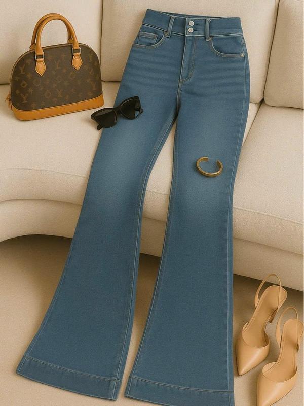  Quần jean cạp cao 2 cúc chất jean mềm mịn co giãn ống loe dài tầm 100-105cm 