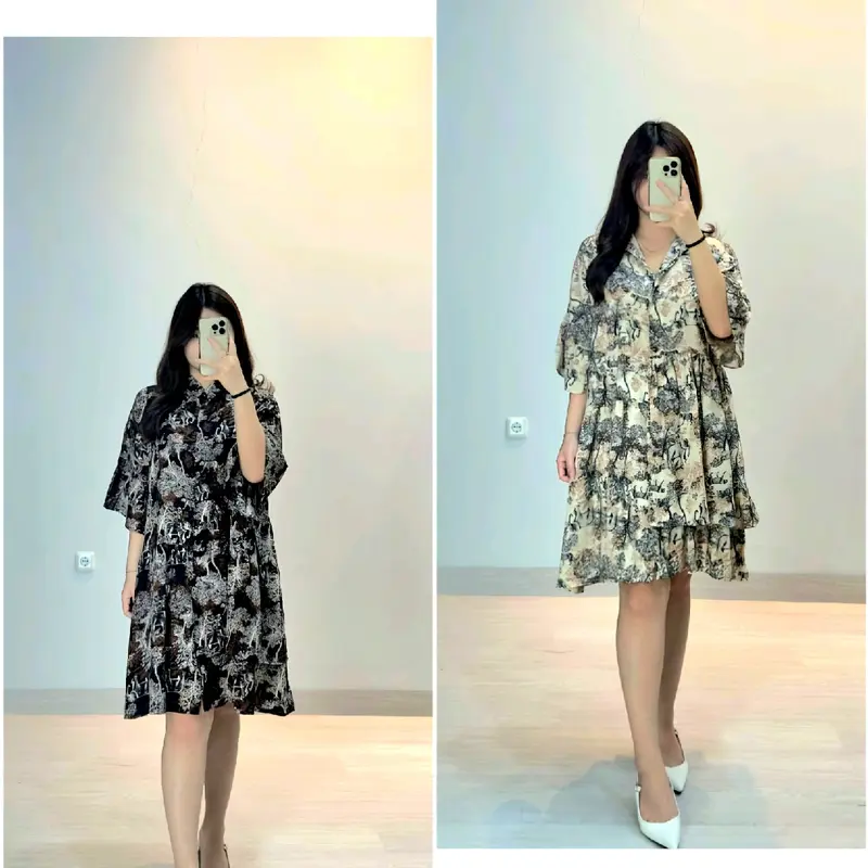 Dress Wanita Elegant Floral Rayon Dress Kekinian midi dress casual Ruffle Nyaman daster rayon premium วินเทจ biru Flowy Lembut 5