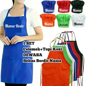 Topi Koki Dan Celemek Apron Dewasa Satu SET Bisa Request Nama // Topi Koki Costum Nama // Apron Dewasa
