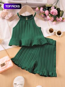 Conjunto de verano para niñas, 2 piezas: top sin mangas casual y shorts de color sólido, ropa infantil cómoda de dos piezas.