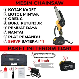 D•WE Gergaji Portable Multifungsi Mesin Chainsaw 598V Mini Gergaji Listrik Cordless 6 inch - Desain Ringkas, Baterai Lithium