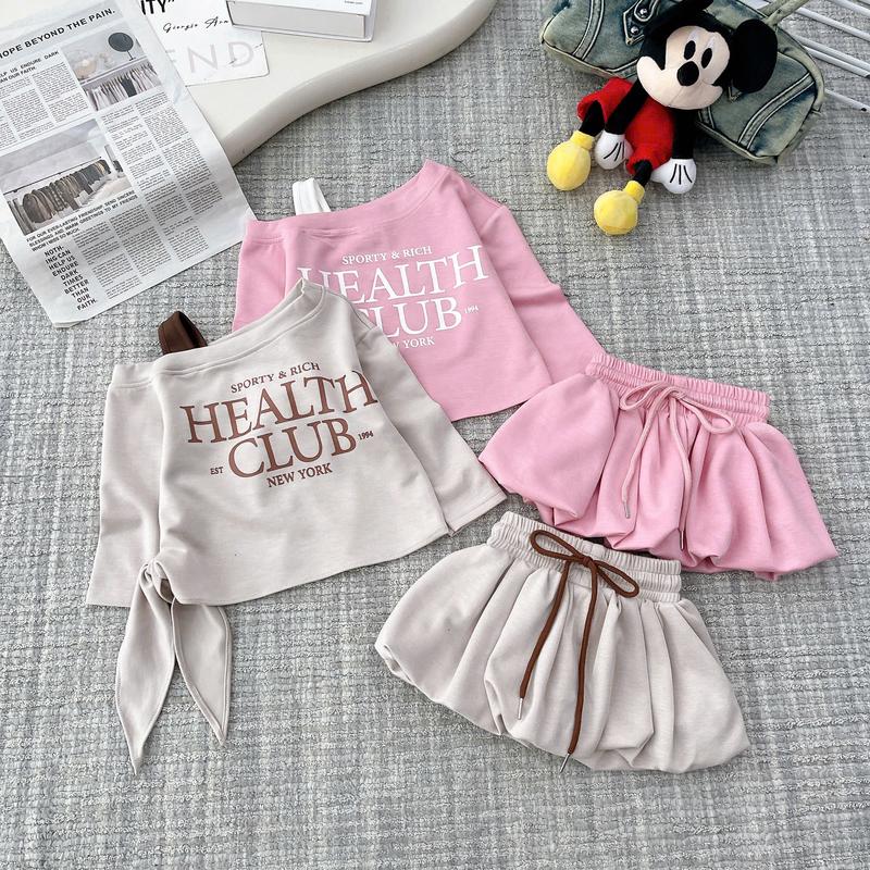 8-35Kg - Dung Kids 05- V27 Set Bộ Áo Lệch Vai Chất Mì Nỉ In Chữ Nơ Eo Mix Chân Váy Bí Phồng Xinh Xắn cho bé gá