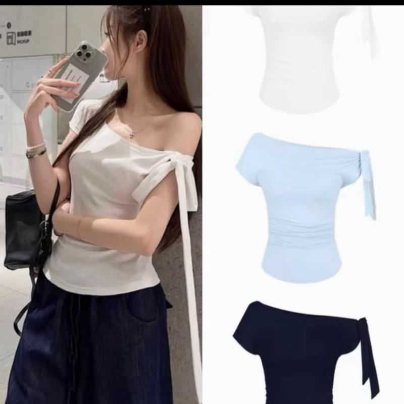  A67 Áo Kiểu Trễ Vai Kèm Dây Buộc Nơ Nữ Siêu Tôn Dáng size dưới 53kg 