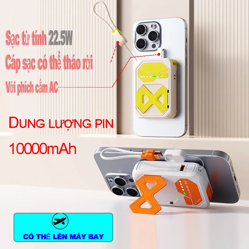 【Dau Dau x AxeElectronics】Sạc dự phòng đa năng, 10000mAh, sạc từ tính, cáp sạc Type-C / Lightning Có Thể Tháo Rời phích cắm gấp AC tích hợp, chân đế điện thoại tích hợp, sạc nhiều thiết bị cùng một lúc, bao gồm sạc dự phòng, cáp sạc và hướng dẫn sử dụng 1
