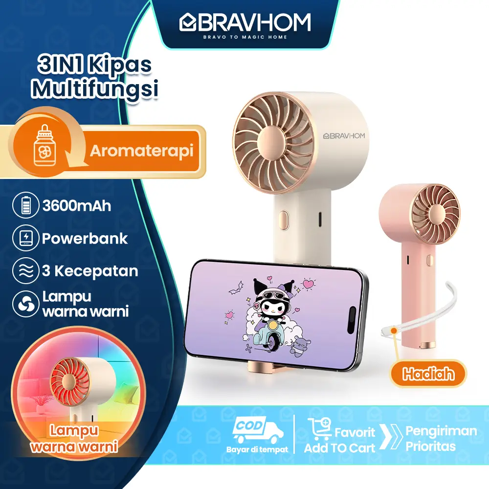 (COD)Bravhom Kipas Angin Mini Portable 3IN1 Aromaterapi 3 Kecepatan Lampu Warna Warni Phone Holder FN16