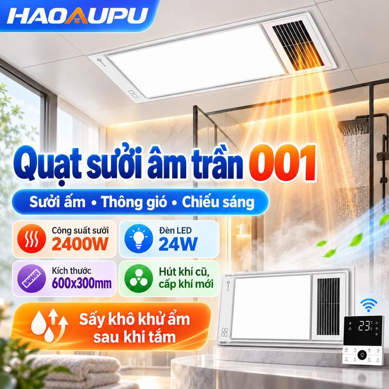 001 Hệ Thống Điều Hòa Phòng Tắm Âm Trần Cao Cấp, Công Nghệ Gốm Ceramic Tràn Viền 2400W