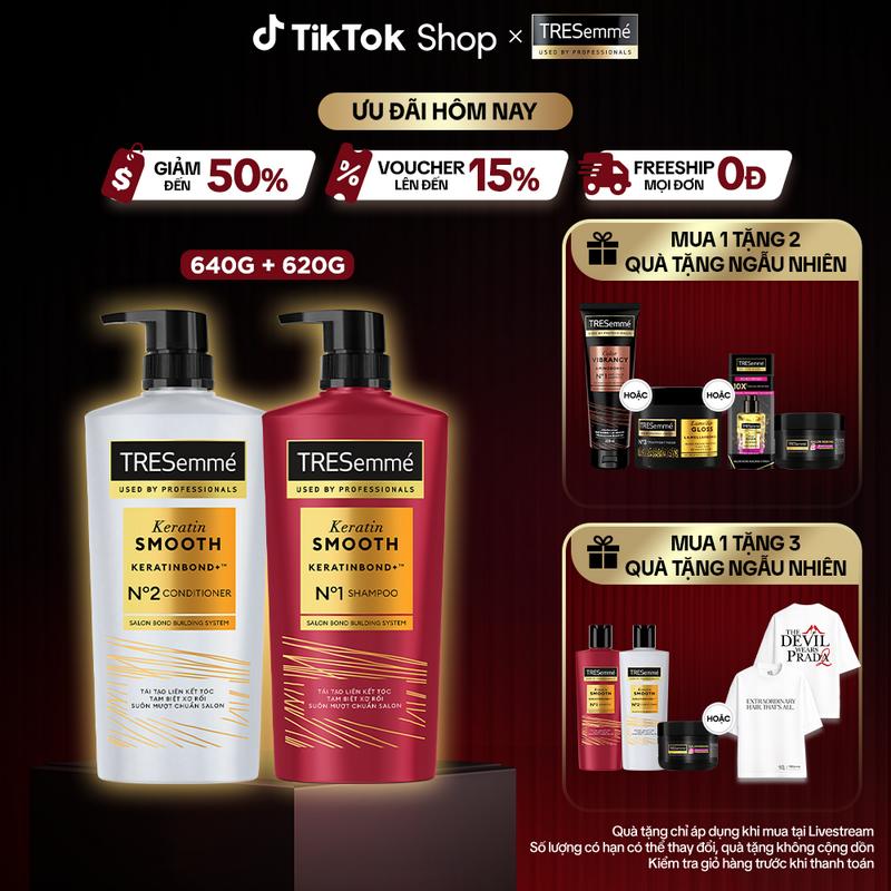 Combo Dầu Gội 640g + Dầu Xả 620g TRESemmé Keratin Smooth Công Thức Hydrolyzed Keratin Hỗ Trợ Dưỡng Tóc Vào Nếp Suôn Mượt Nữ