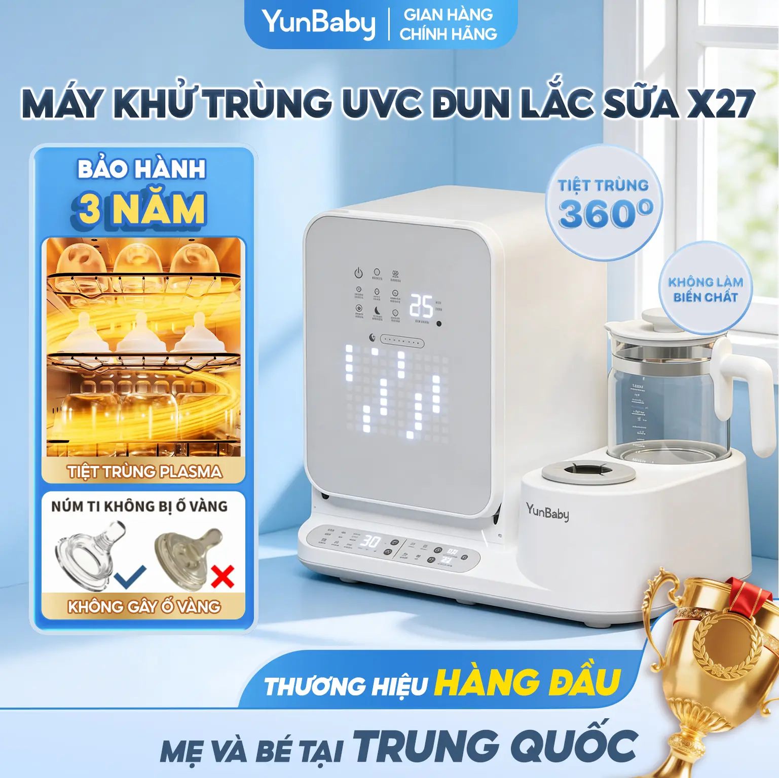 【TIỆT TRÙNG 360 ĐỘ KHÔNG GÓC CHẾT】Máy Tiệt trùng UVC 360 ĐỘ Yunbaby X27, 32 Bóng UVC Đạt Hiệu Quả Tiệt Trùng Lên Tới 99.99%, Sấy Khô Plasma, Pha Sữa Chính Xác 1°C Giữ Nhiệt 24H Lắc Sữa Không Ồn Tích Hợp 12 Chức Năng, Bảo Quản, Hút Mùi Lọc