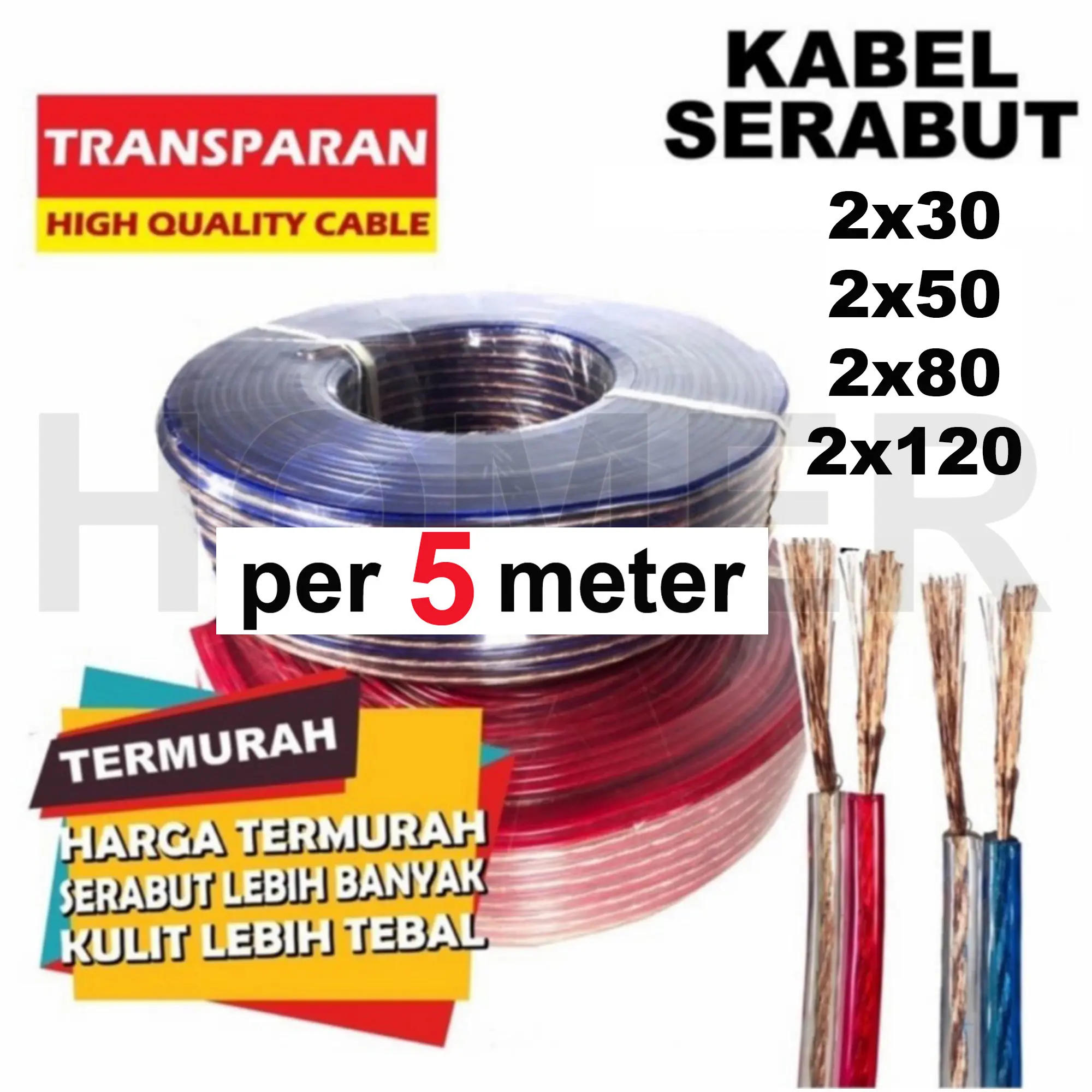KABEL SERABUT TRANSPARAN KABEL MONSTER KABEL SERABUT KABEL LISTRIK KABEL AUDIO KABEL TRANSPARAN 2x30 2x50 2x80 2x120 bagus murah super per 5 meter Biru merah