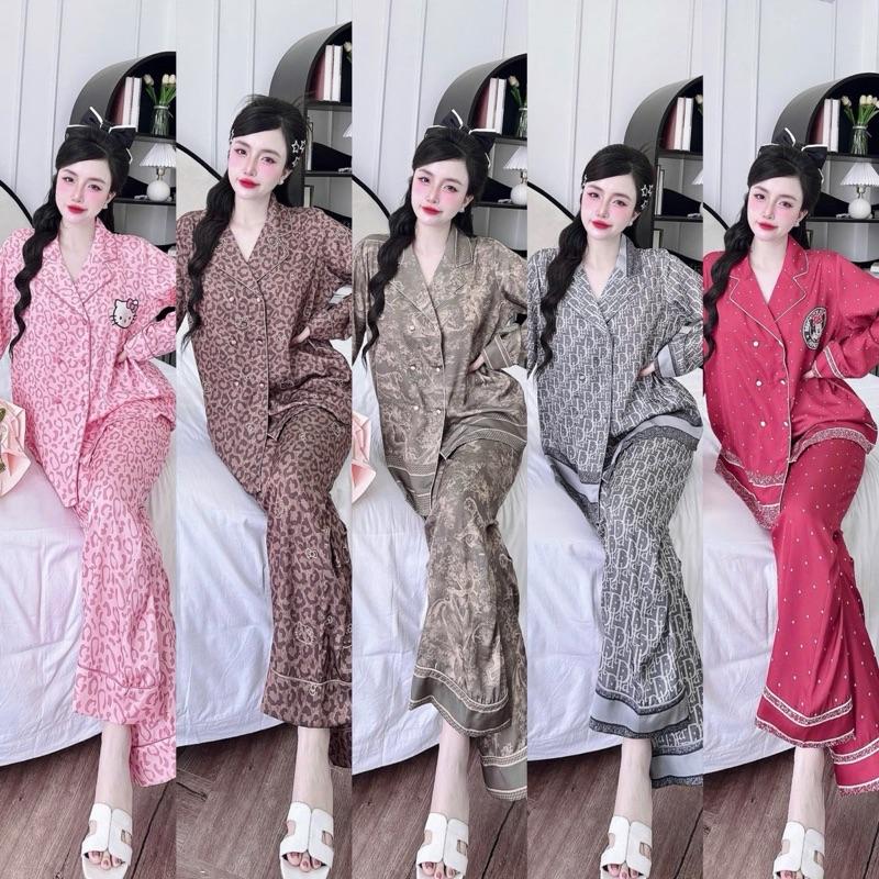 Size 45_68kg . TAY DÀI QUẦN DÀI . Đồ Bộ Nữ Pijama Cổ Vest Nhọn_Lụa Latin Mềm Mát . Quần Dài 96cm . Có Túi