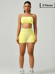 Conjunto deportivo de Top Bandeau con espalda cruzada y Shorts de cintura alta para mujer, Conjunto de dos piezas cómodo, transpirable y casual para deportes, ideal para yoga, gimnasio y correr, Ropa deportiva de primavera para damas