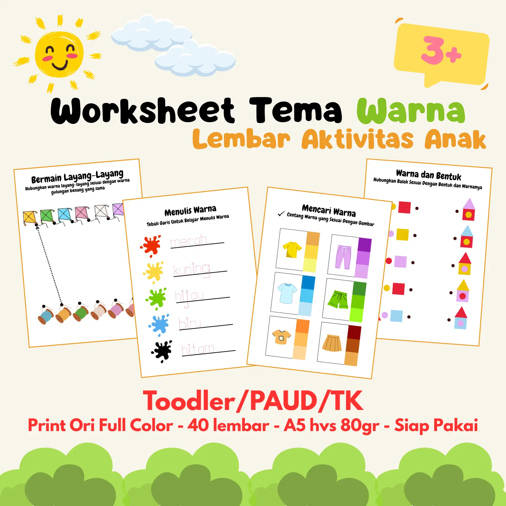 Worksheet Anak Tema Warna Toddler/PAUD/TK 40 Lembar A5 berwarna
