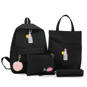 Tas Ransel Anak Canvas Sekolah Backpack Korea Style 4in1 Kanvas D300 - Kedap Air, Multifungsi, - Wanita, Hitam