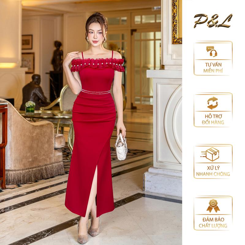  Đầm Dạ Hội Trung Niên Thiết Kế Cao Cấp Tay Trễ Vai Nhún Ngực Đính Cườm  PL85 