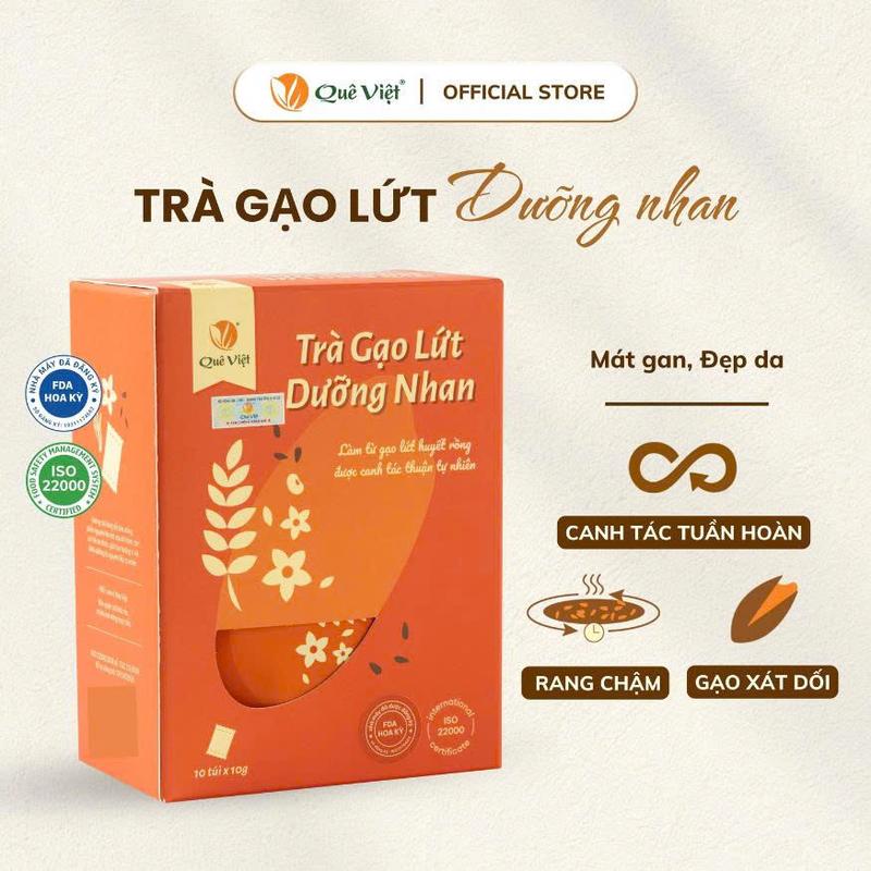 Trà gạo lứt dưỡng nhan Quê Việt - Hộp 100g 10gói x 10 gr hộp 200gr 20 gói x 10gr