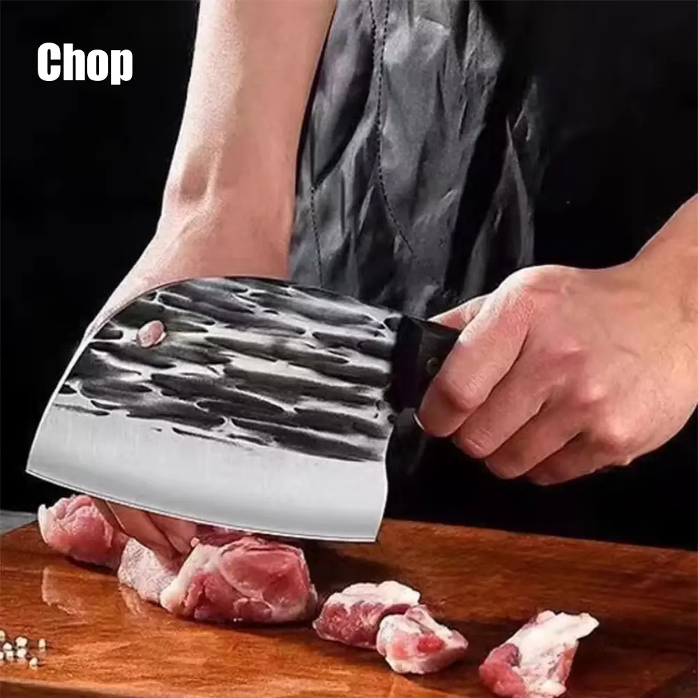 Thickened Bone Chopping Knife Forged Slicing Knife Household Kitchen Knife Chef Sharp Round Head Chopping Knife Fish Killing Knife Hammer Pattern Handmade Sharp Chopping Knife