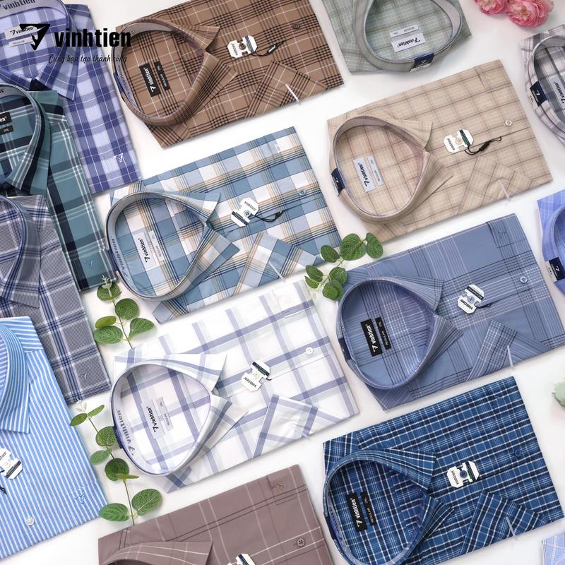 Vĩnh Tiến Áo Sơ Mi Nam Ngắn Tay Caro Vạt Ngang Form Regular 376 Nhiều Màu Chất Liệu Bamboo Thấm Hút Mồ Hôi