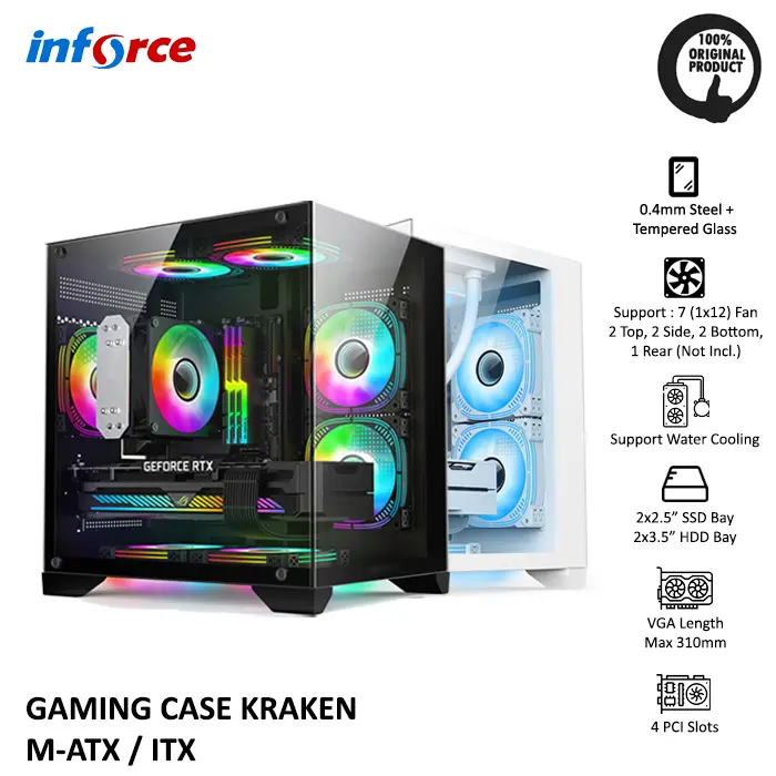 Inforce PC Gaming Case Kraken Black White Tempered Glass + 3 Fan