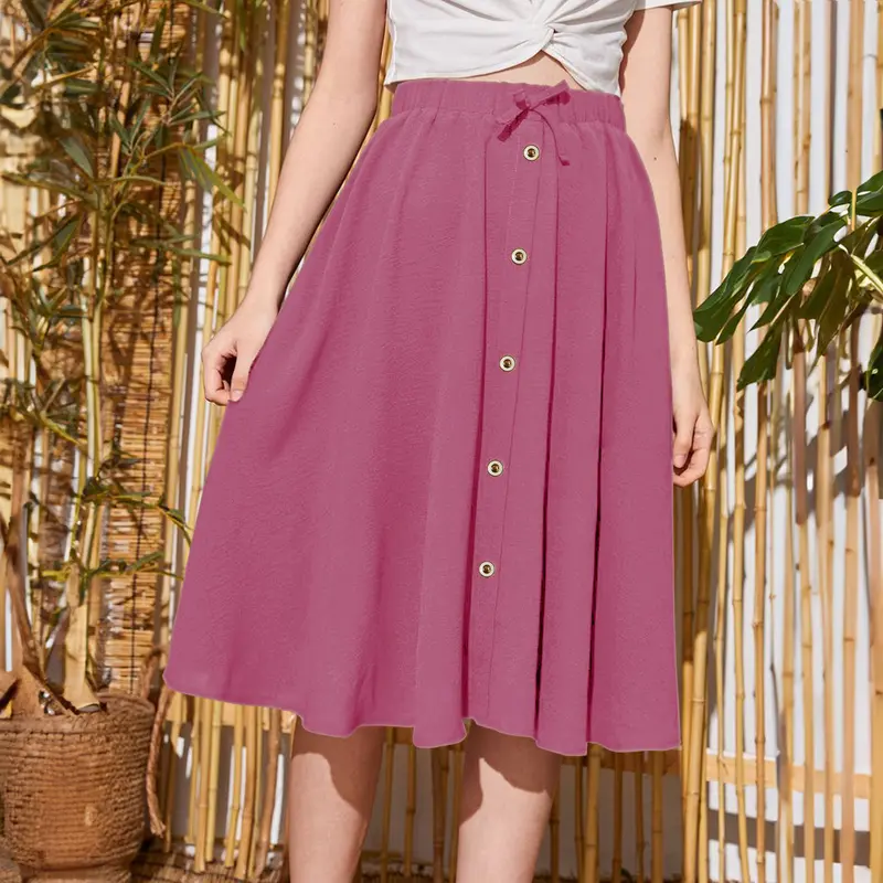 Rok Midi Selutut Pita Korea Terbaru Bahan Crinkle Jatuh dan Nyaman Digunakan Hiasan Kancing Hitam A-Line Cantik Airflow  wanita original rok hitam 4