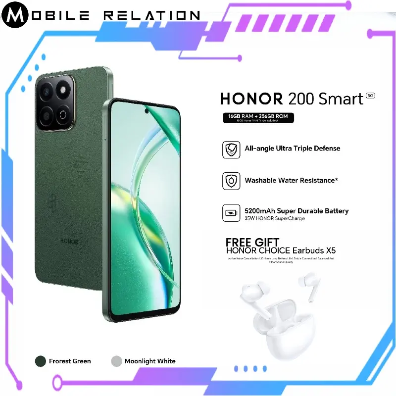 HONOR Authorised Reseller | HONOR 200 Smart 5G Smartphone 16GB (8+8) 256GB I HONOR CHOICE Earbuds X5 I 5200mAh Battery Capacity I 1 Year Warranty by HONOR Singapore I Local Set I RRP $299