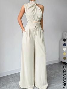 Conjunto de dos piezas para mujer con top corto de color sólido y pantalones de pierna ancha, moda elegante y casual para uso diario al aire libre, ropa de mujer para el verano