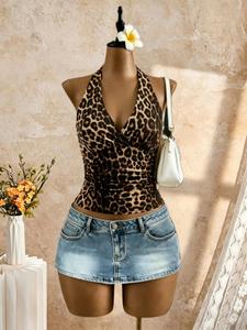 Camiseta sin mangas con lazo en la espalda con estampado de leopardo para mujer, camiseta sin mangas informal para el verano, ropa de mujer para uso diario, ropa de mujer