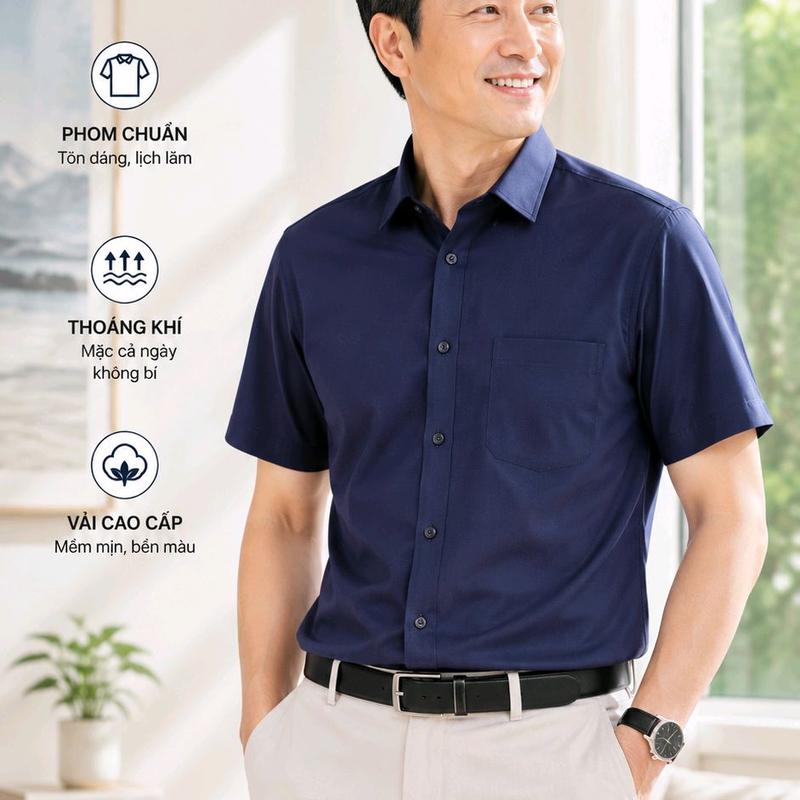 Áo Somi Trung Niên Màu Trơn Ngắn Tay, Chất Vải Lụa Mềm Cao Cấp, Form Dáng Sang Trọng, Mặc Mát Thoải Mái.
