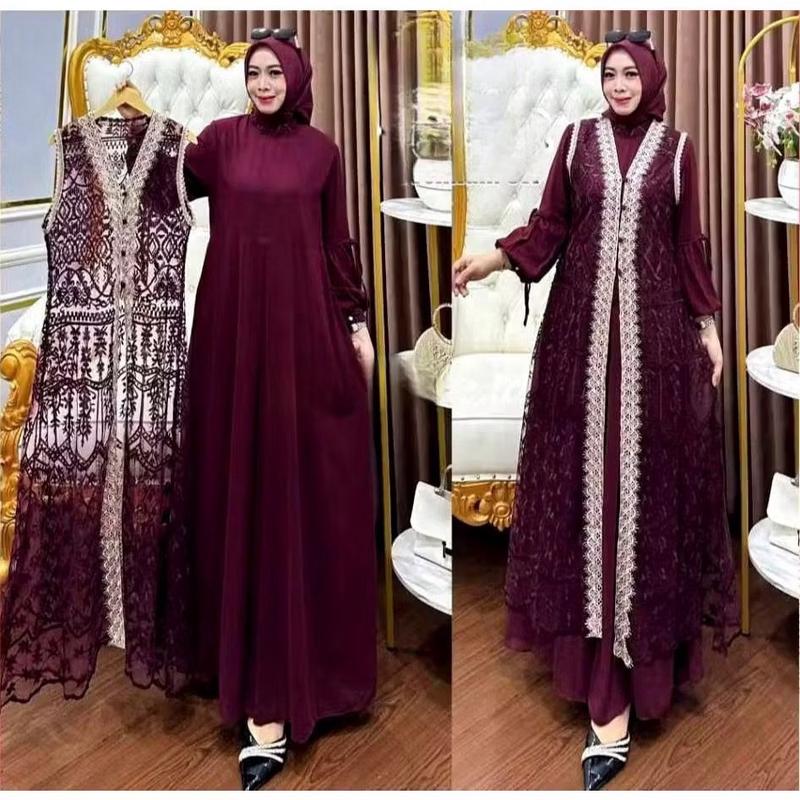 Bisa Cod Gamis Pesta Wanita Jumbo Ukuran M L XL XXL 3XL 4XL Ld 100-140cm // Qinara Dress Set Iner Plus Outer Lepas Pasang // Dress Iner Ceruty Outer Brukat Renda // Gamis Wanita Jumbo // Dress Kondangan Setelan Gamis Iner Outer  Panjang Gaun 3