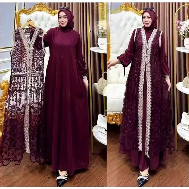 Bisa Cod Gamis Pesta Wanita Jumbo Ukuran M L XL XXL 3XL 4XL Ld 100-140cm // Qinara Dress Set Iner Plus Outer Lepas Pasang // Dress Iner Ceruty Outer Brukat Renda // Gamis Wanita Jumbo // Dress Kondangan Setelan Gamis Iner Outer  Panjang Gaun 3