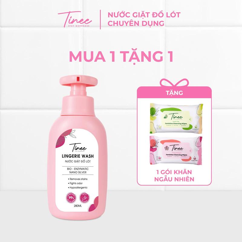 MUA 1 TẶNG 1 Nước Giặt Đồ Lót Chuyên Dụng Tinee - Nano Bạc Hạn Chế Nấm Khuẩn 280ml chai + Tặng 1 Khăn Ướt Vệ Sinh Phụ Nữ 10tờ 1gói