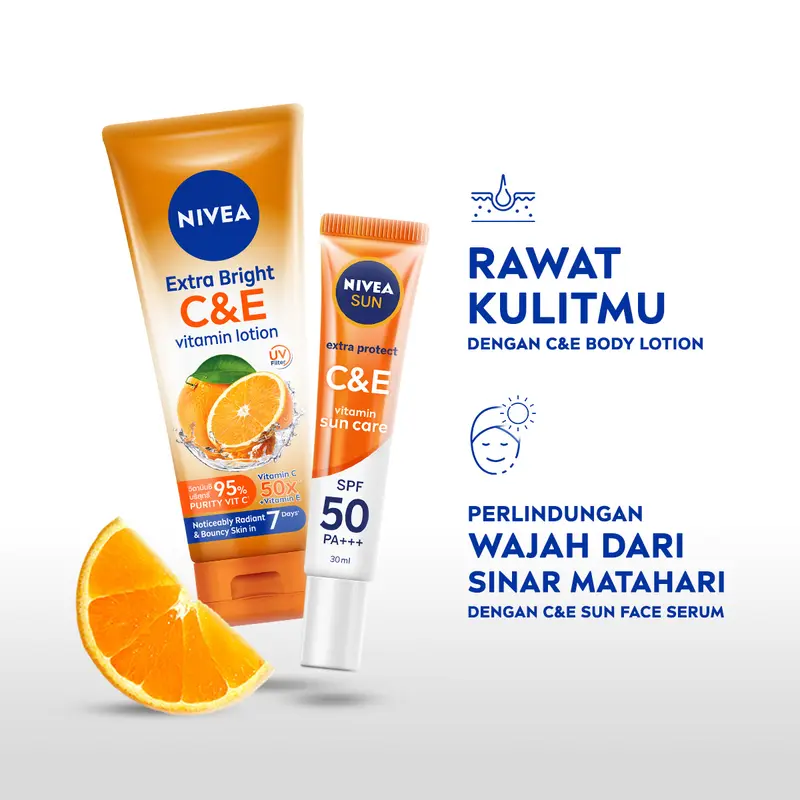 NIVEA Body Lotion Extra Bright C&E Vitamin Lotion 320ml - Handbody SPF serum UV Filter Thailand vitamin mencerahkan kulit kusam glowing brightening body care melembabkan kulit kering  - 50x Vitamin C & E, Super Food, pelembap badan tone up kulit 4