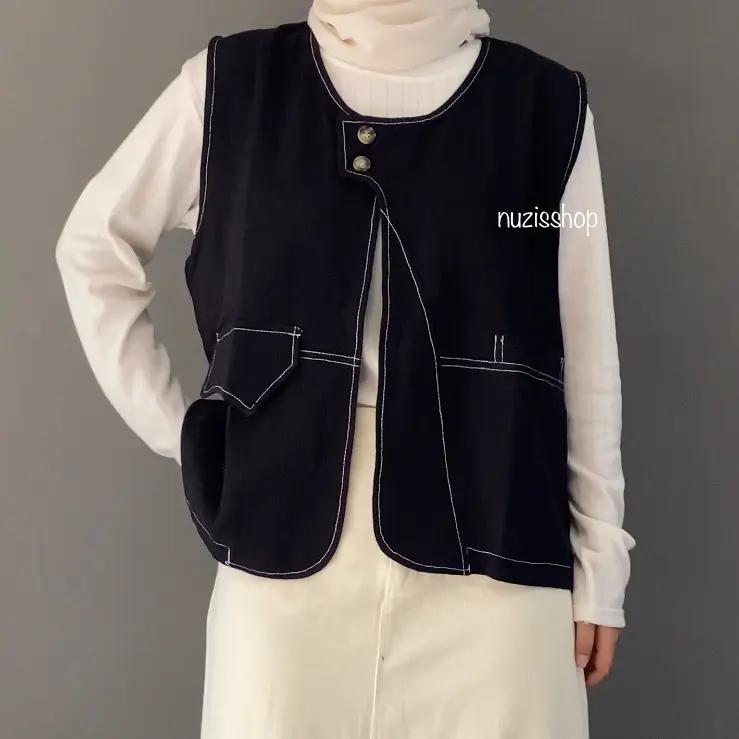 NUZI - Siera Vest Kemeja Rompi Outer Wanita Atasan Oversized Sleveless Woman Korean Style Black White