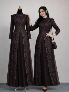 Special Lebaran Karina Dress Brukat Mix Tile Kondangan Modern Lengan Panjang Burgundy Mahogany