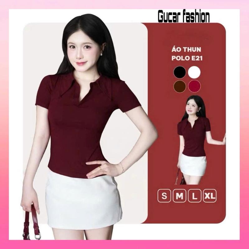 Áo Thun Nữ Polo Gucar Fashion Cổ Sơ Mi Cotton Mịn Cao Cấp, Form Ôm Đẹp, Co Giãn