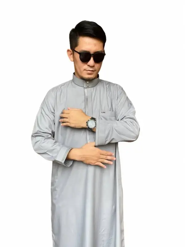 Jubah Gamis Reguler Pria Muslim Dewasa SOLLU 3 Lengan Cuff/Tanpa Kancing Bahan Katun Flat grey gamis  pria 5