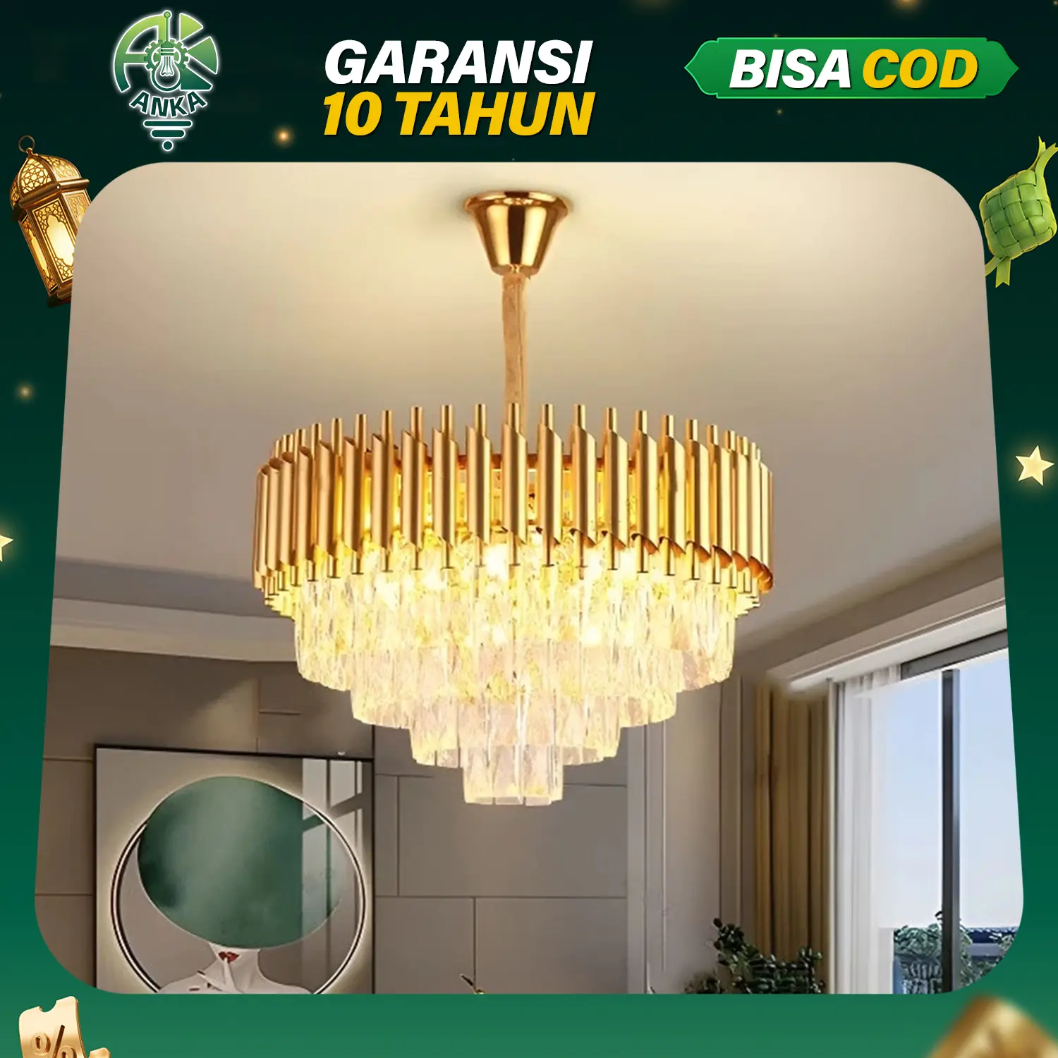 Anka Lampu Gantung Kristal Tamu Mewah Emas LED 40/50/60CM Ruang Tamu 3 Warna Lampu Gantung Kristal Hias COD plafon