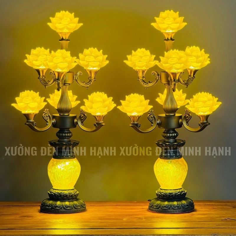   Tặng Chuỗi Trầm Hương 108 Hạt  Đèn Thờ 7 Và 9 Bông Hoa Sen A1 | Thiết Kế Dáng Tân Cổ Điển | Cao 67cm | Giá 1 Đôi | Tặng 4 LED Dự Phòng | Minh Hạnh Cam Kết Chỉ Bán Hàng Loại 1 