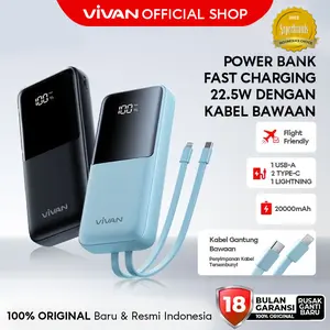 VIVAN Powerbank 20000mAh Fast Charging 22.5W PD LED Display 4 Output Free Kabel Type-C Lightning Pengisian Dua Arah VPB-E20 Garansi 18 Bulan
