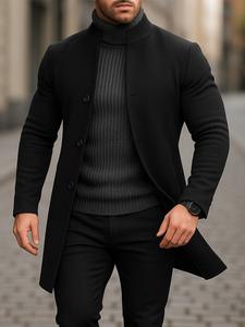 Abrigo de hombre sólido con frente con botones y cuello alto, corte regular, manga larga, ropa de abrigo casual para otoño e invierno, ropa de hombre para uso diario