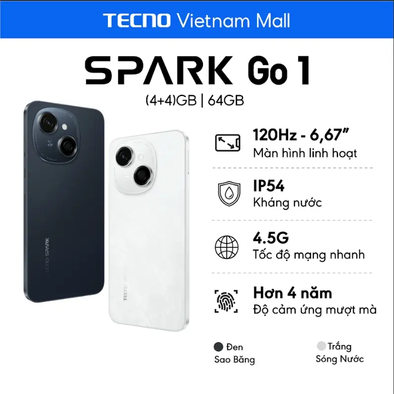 Điện thoại Tecno Spark Go 1 (4+4)GB/64GB - Unisoc T615 | 5000mAh | Sạc nhanh 15W | Hàng chính hãng