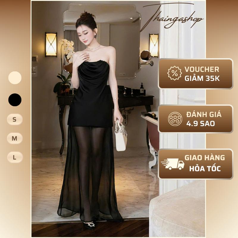 Set Đầm Cúp Kèm Chân Váy Voan Lụa Dài Màu Nude Màu Đen size S M L Thanh Lịch Đầm Lụa Phi Dự tiệc dạ hội đính đá