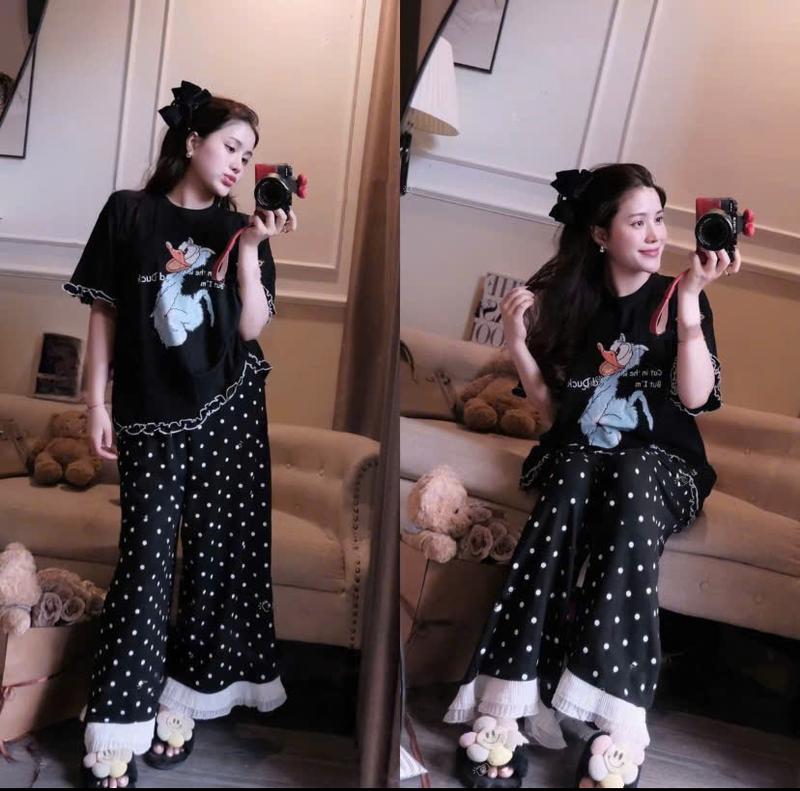 SÉT BỘ NỮ BIGSIZE THIẾT KẾ QUẦN SUÔNG CHẤM BI BÈO CÁCH ĐIỆU IN VỊT DỄ THƯƠNG THUN COTTON TISI DÀY DẶN THOẢI MÁI  CO GIÃN