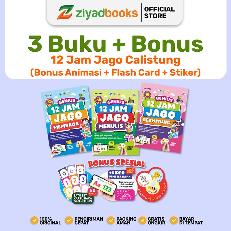 (Isi 3 Buku) Paket 12 Jam Jago Calistung Membaca Menulis Berhitung + Bonus Kartu, Video & Stiker Untuk TK SD Usia 3-7 Tahun