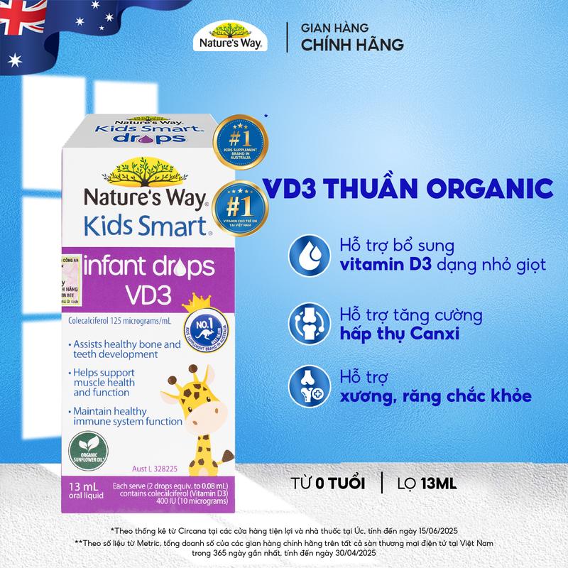   M  Vitamin D3 Thuần ORGANIC Nature’s Way   Vitamin D3K2 Organic - D3 thuần Cho Trẻ Sơ Sinh D3 Tím Kids Smart Infant Drops VD3 - Hộp 13ml 
